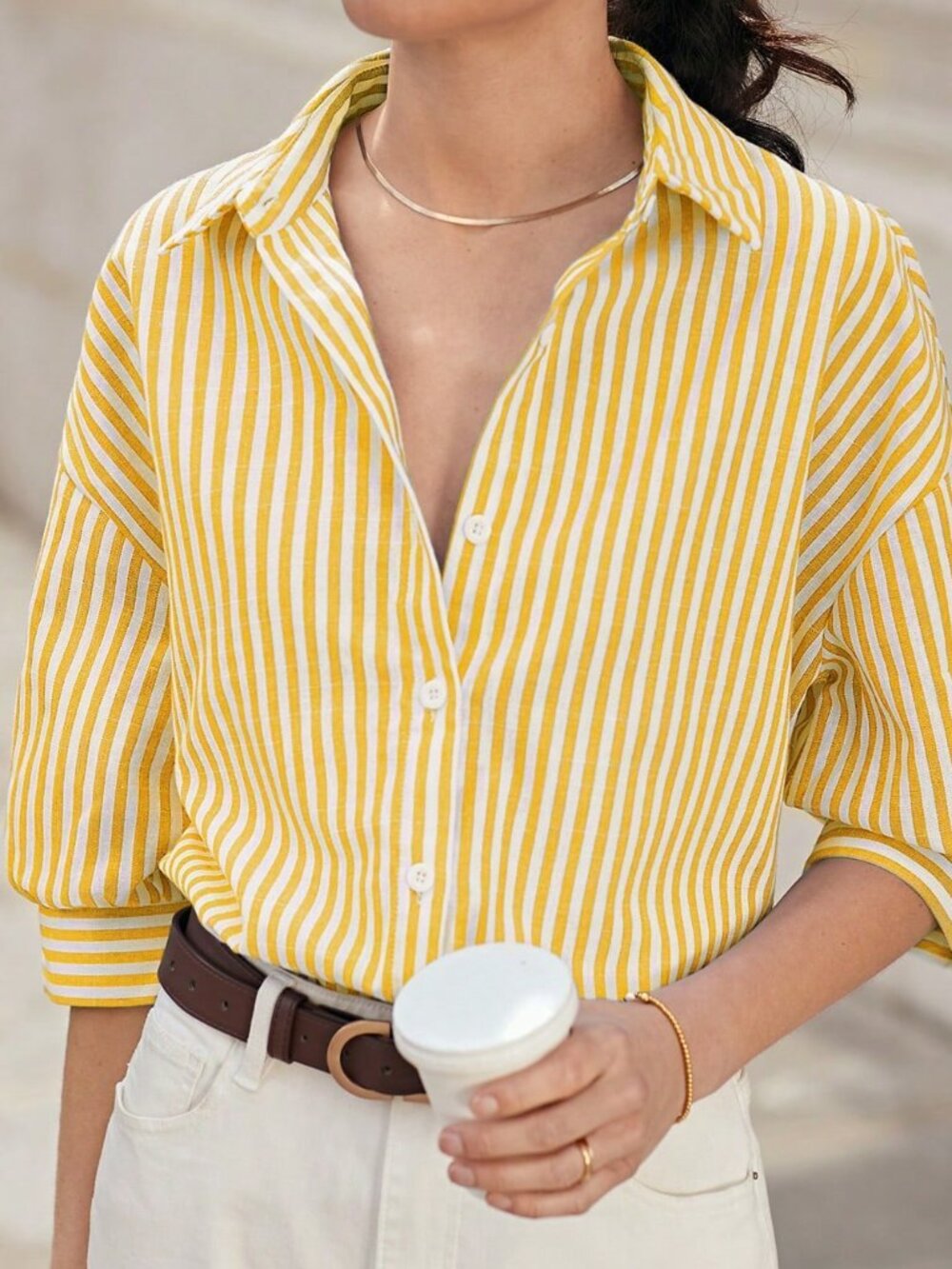 Multi-color Drop Shoulder Women's Long Sleeve Striped Casual Button-Down Shirt - Picture 1 of 6